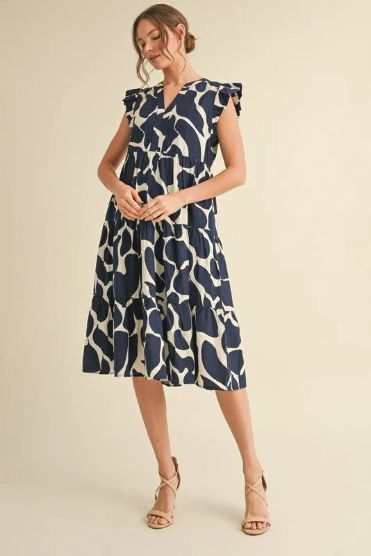 Navy Print Tiered Layer Midi Dress sold by Pinkblush