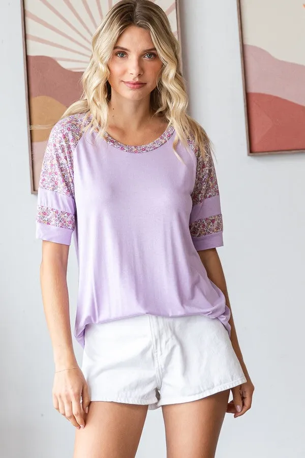 Lilac Floral Contrast Raglan Short Sleeve T-Shirt sold by Pinkblush