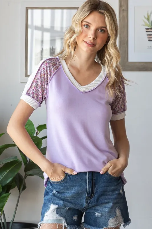 Lilac Floral Contrast Short Sleeve Top sold by Pinkblush