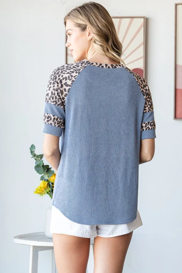 Blue Ribbed Animal Print Contrast Short Sleeve Top sold by Pinkblush product image thumbnail 3
