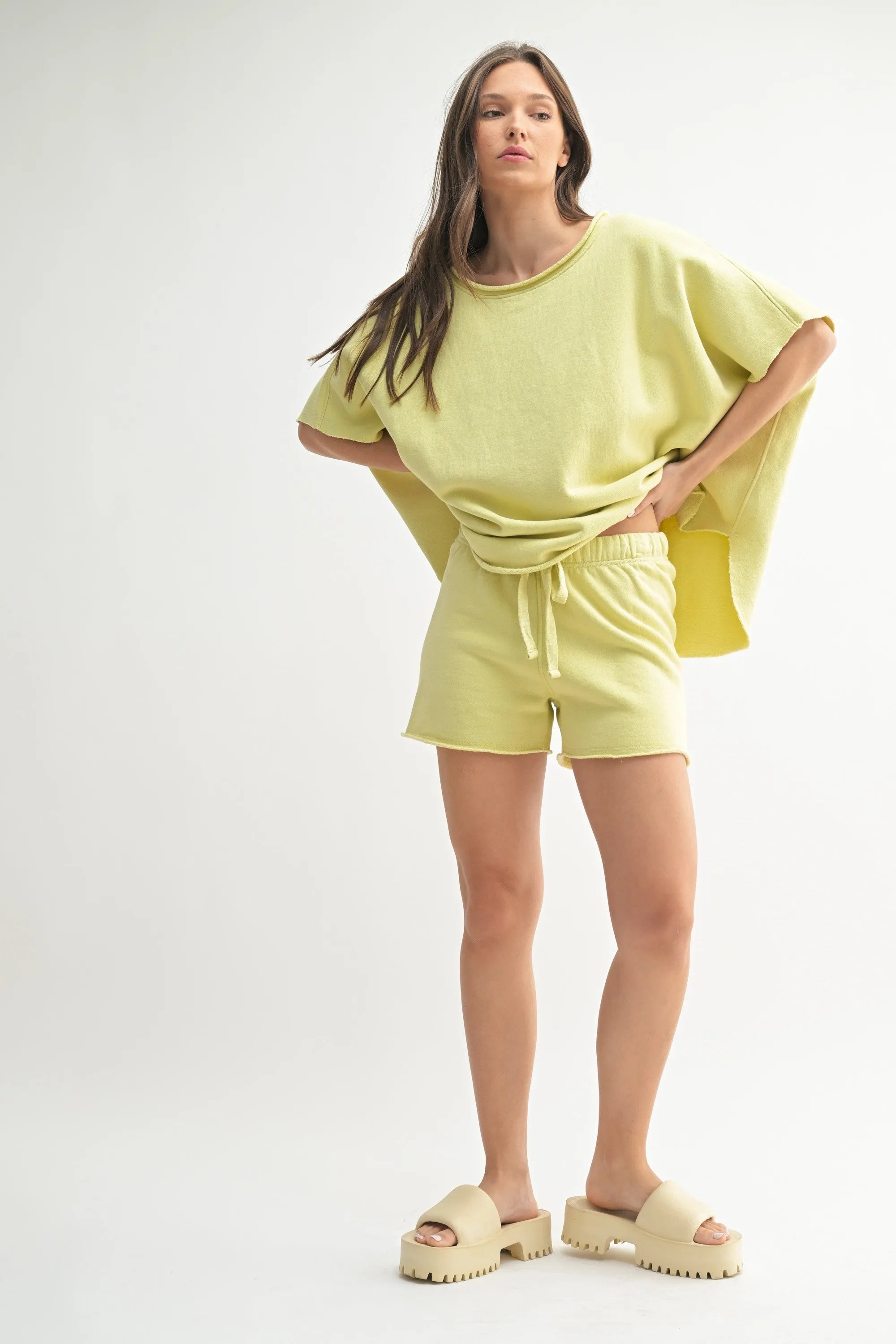 Yellow Drawstring Raw Hem Shorts sold by Pinkblush
