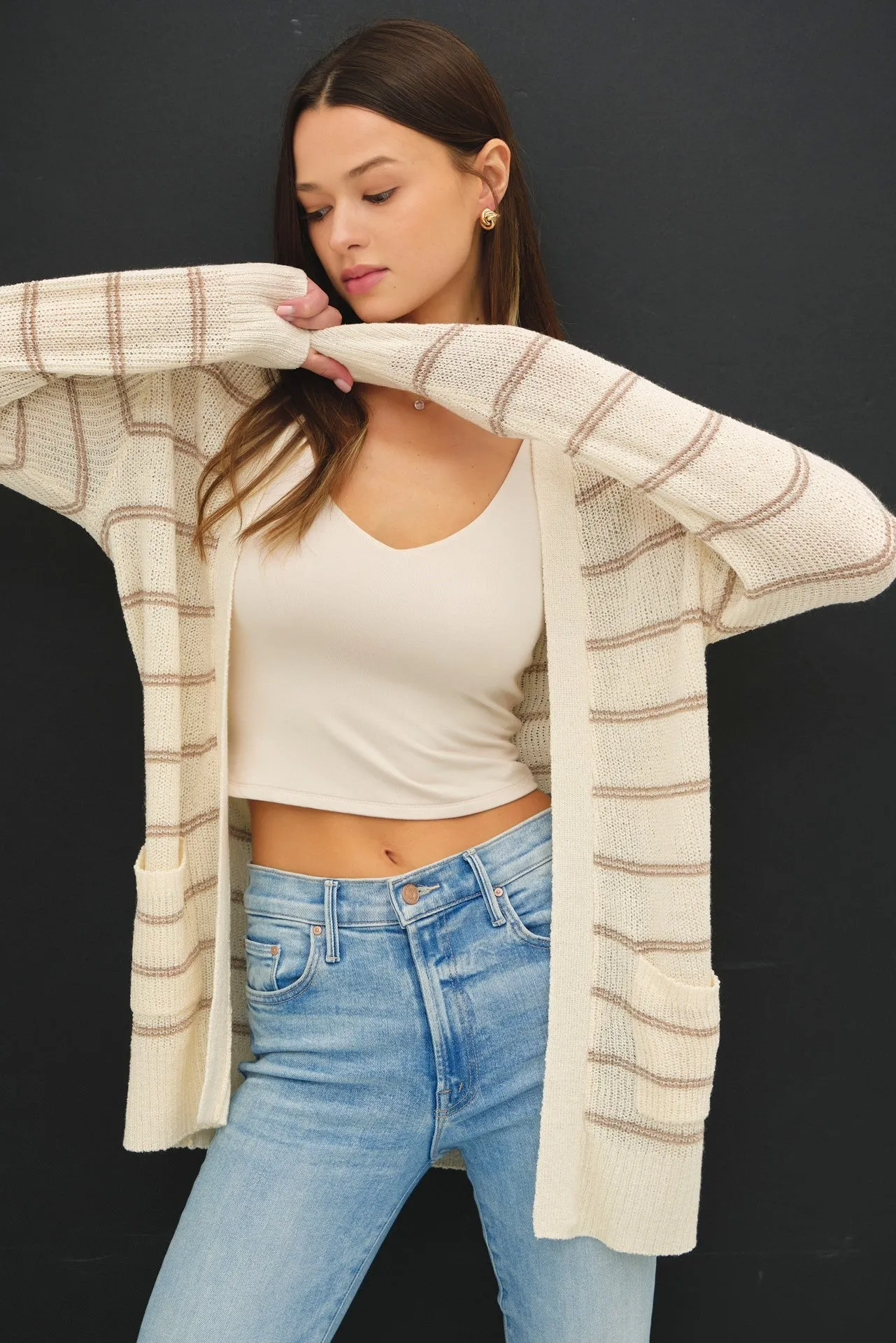 Cream Fine Knit Striped Open Cardigan sold by Pinkblush product image thumbnail 2