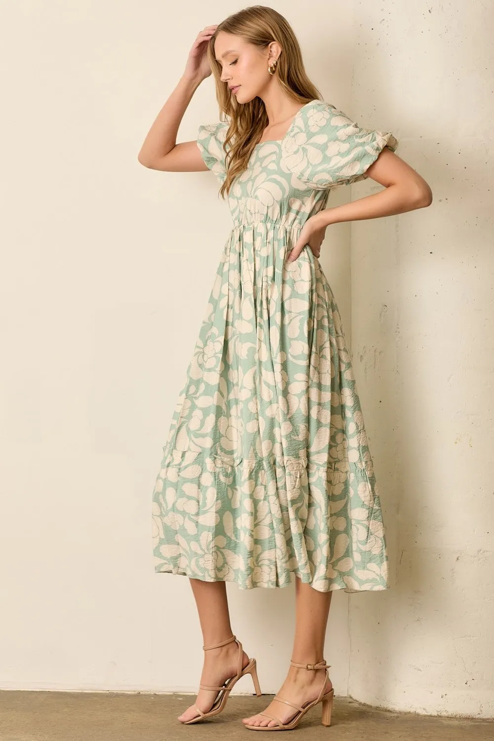 Sage Printed Square Neck Bubble Sleeve Maxi Dress sold by Pinkblush product image thumbnail 2