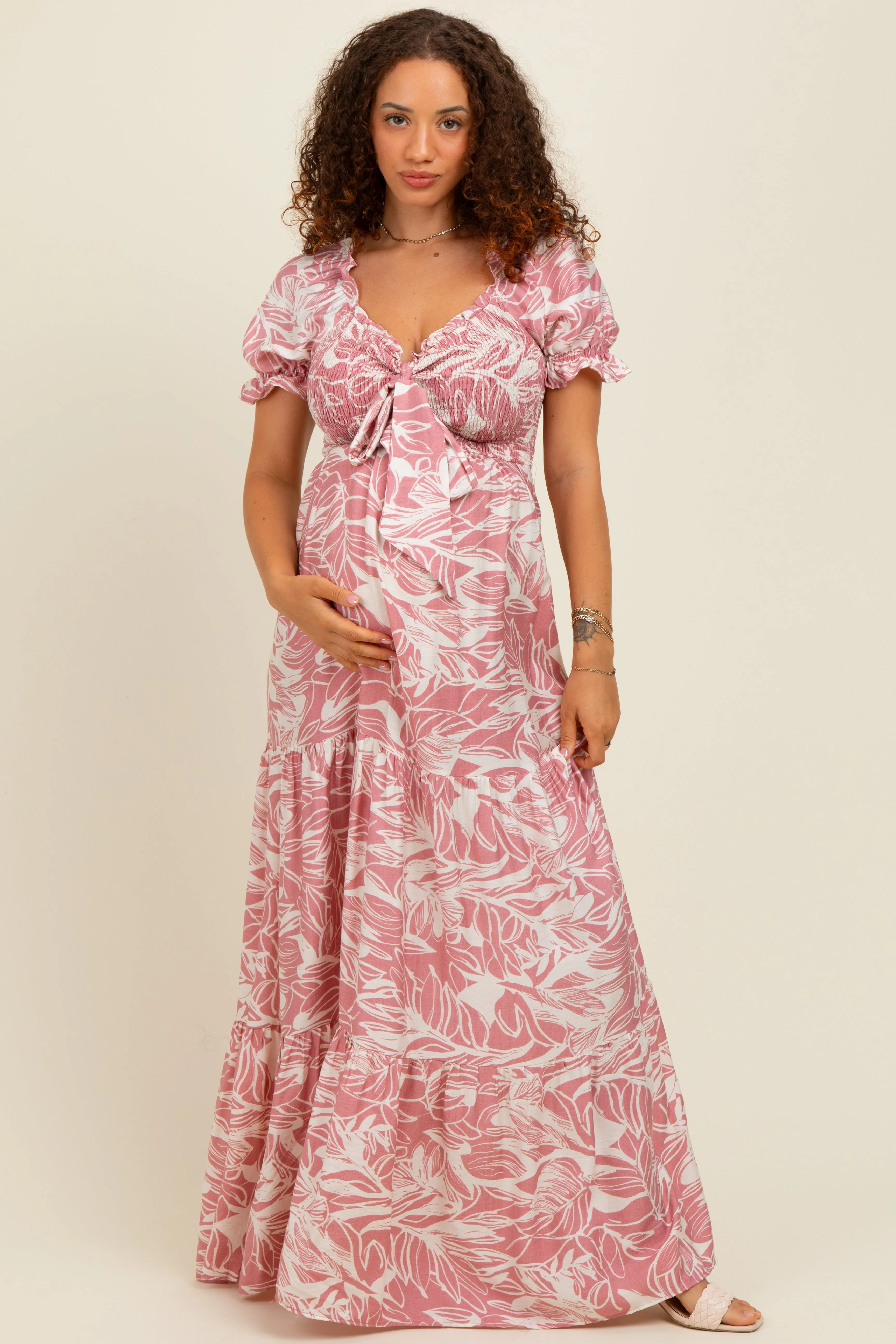 Pink Tropical Print Smocked Front Tie Maternity Maxi Dress sold by Pinkblush