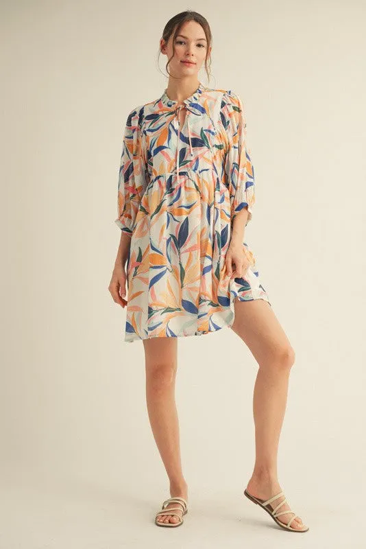 White Leaf Print Front Tie 3/4 Sleeve Dress sold by Pinkblush product image thumbnail 3