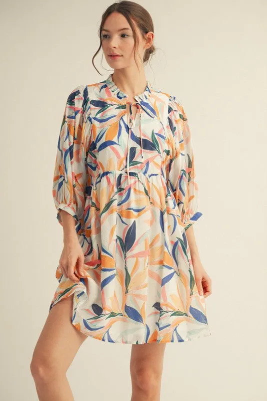 White Leaf Print Front Tie 3/4 Sleeve Dress sold by Pinkblush