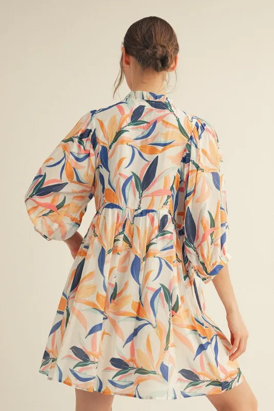 White Leaf Print Front Tie 3/4 Sleeve Dress sold by Pinkblush product image thumbnail 2