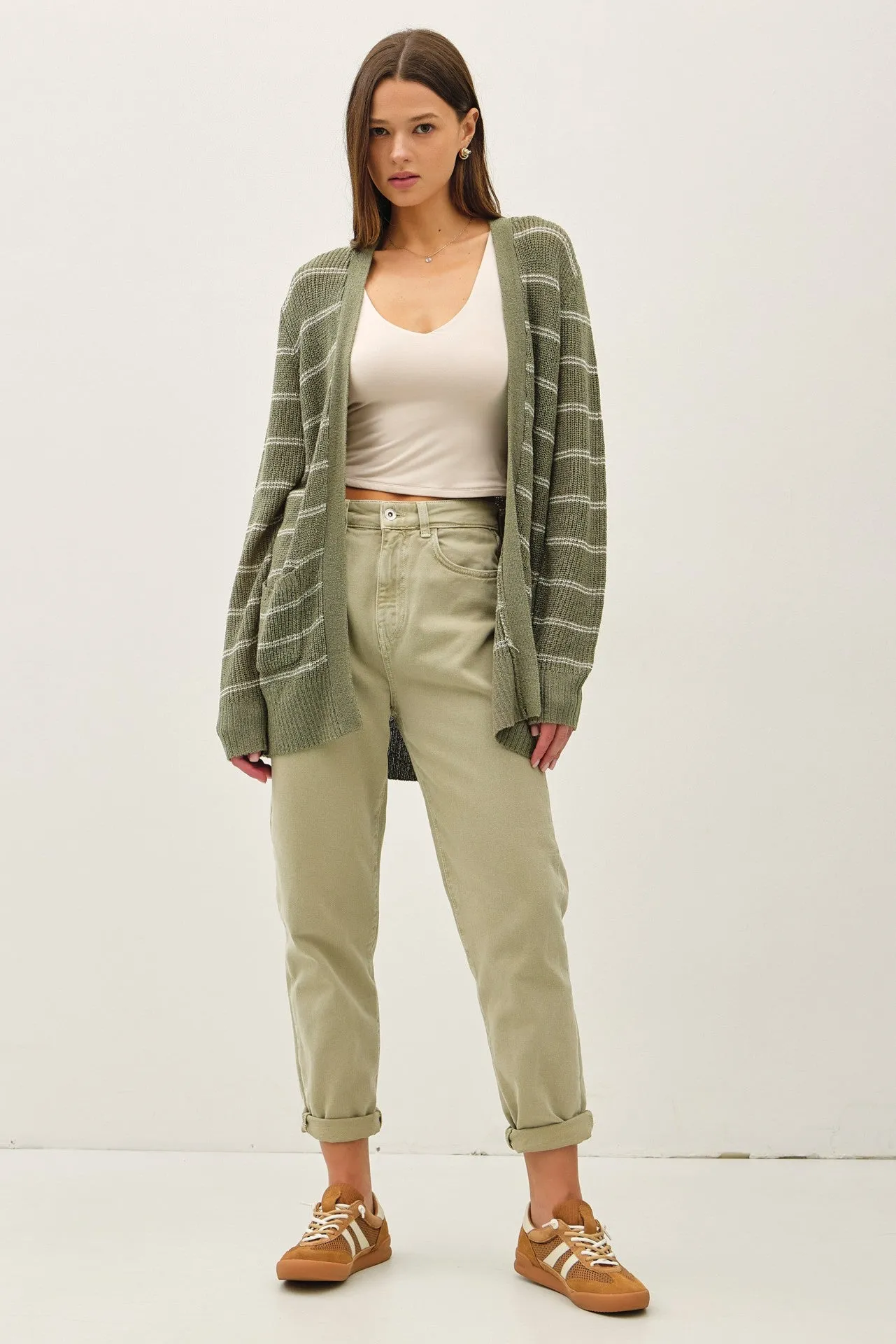 Olive Fine Knit Striped Open Cardigan sold by Pinkblush product image thumbnail 3