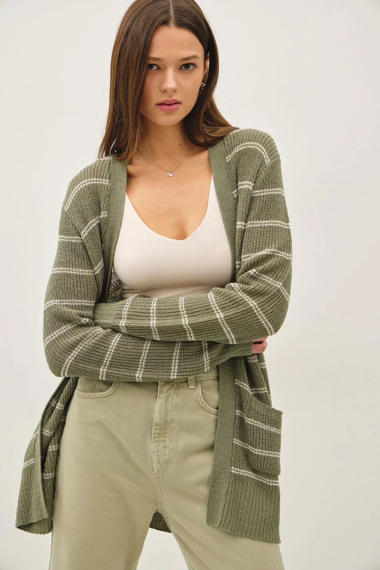 Olive Fine Knit Striped Open Cardigan sold by Pinkblush
