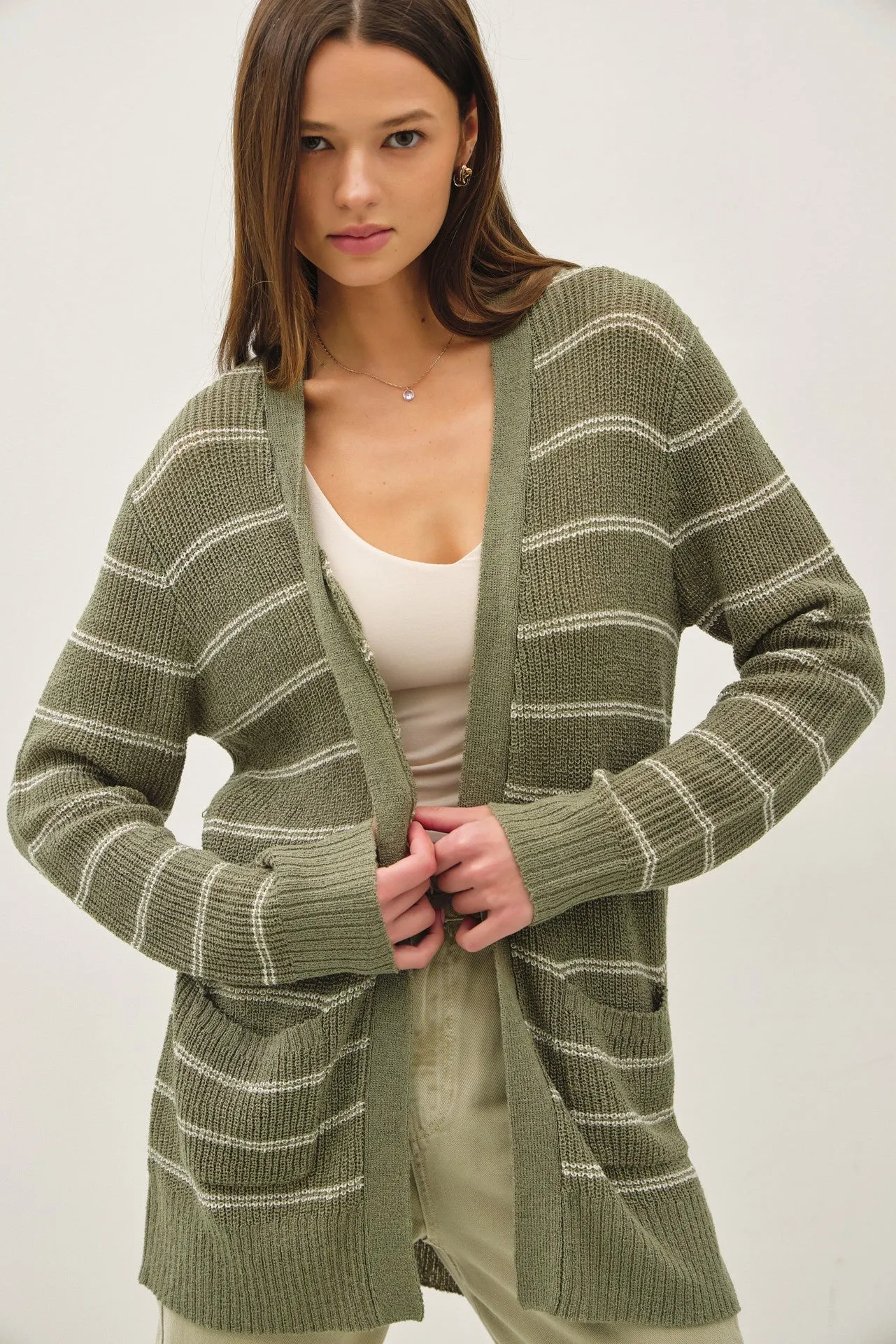 Olive Fine Knit Striped Open Cardigan sold by Pinkblush product image thumbnail 2