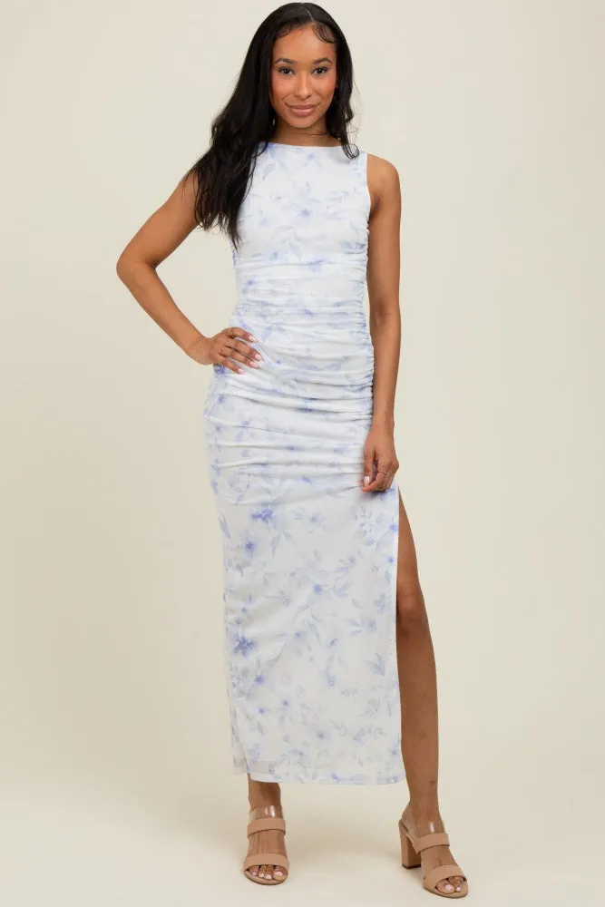 Ivory Floral Ruched Side Slit Midi Dress sold by Pinkblush
