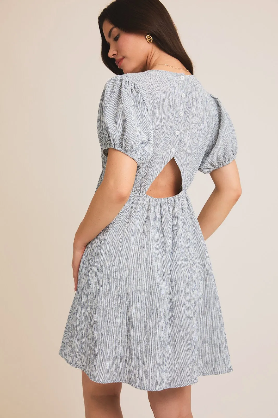 Navy Stripe Back Button Up Cutout Mini Dress sold by Pinkblush product image thumbnail 3