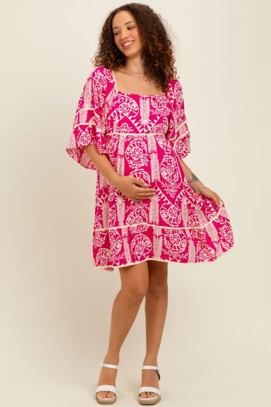 Fuchsia Printed Tie Back Contrast Trim Maternity Dress sold by Pinkblush