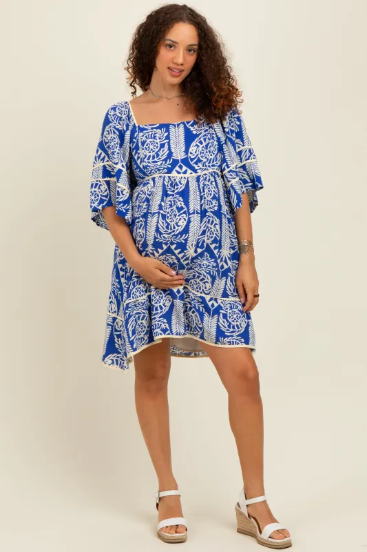 Royal Blue Printed Tie Back Contrast Trim Maternity Dress sold by Pinkblush