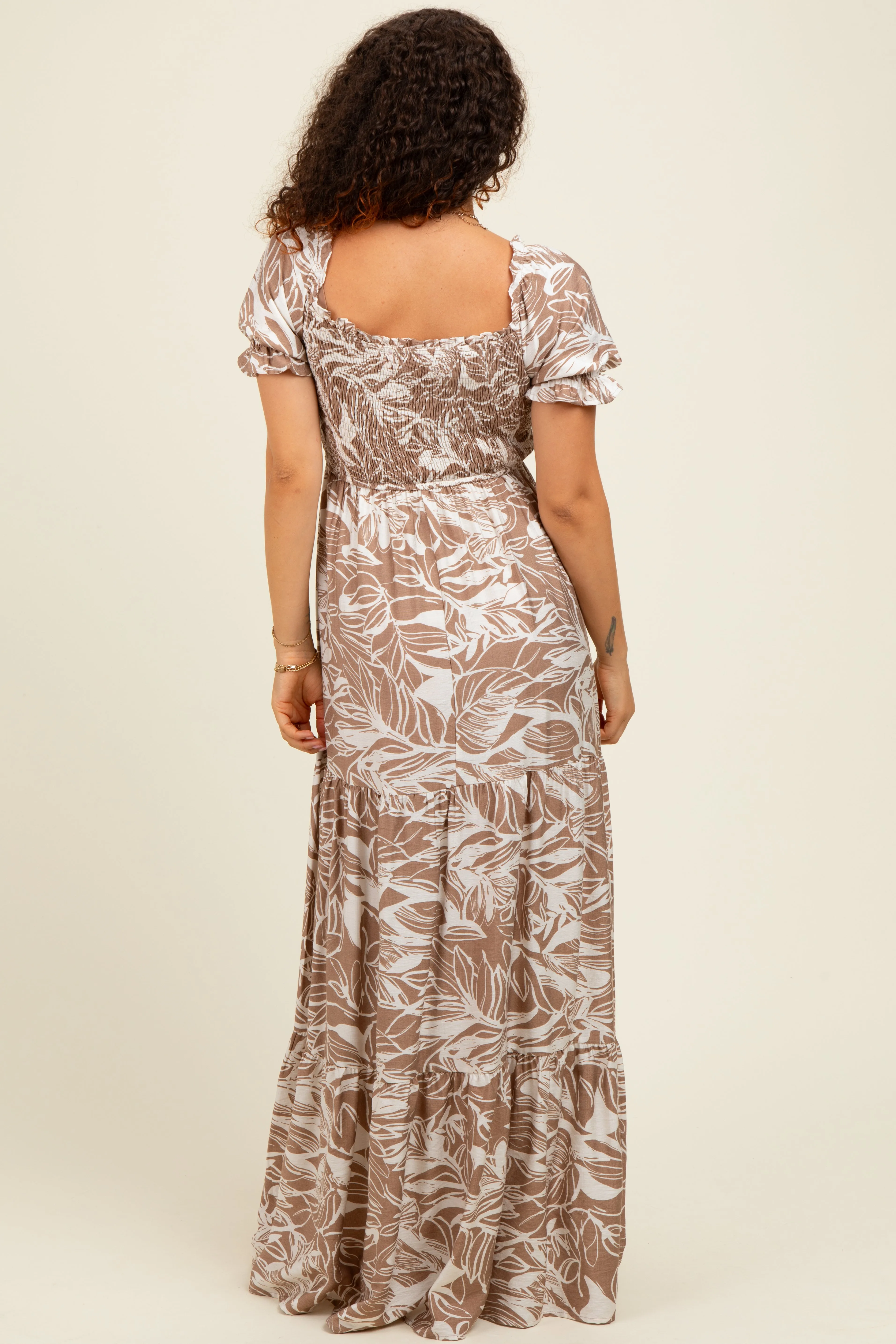 Taupe Tropical Print Smocked Front Tie Maternity Maxi Dress sold by Pinkblush product image thumbnail 3