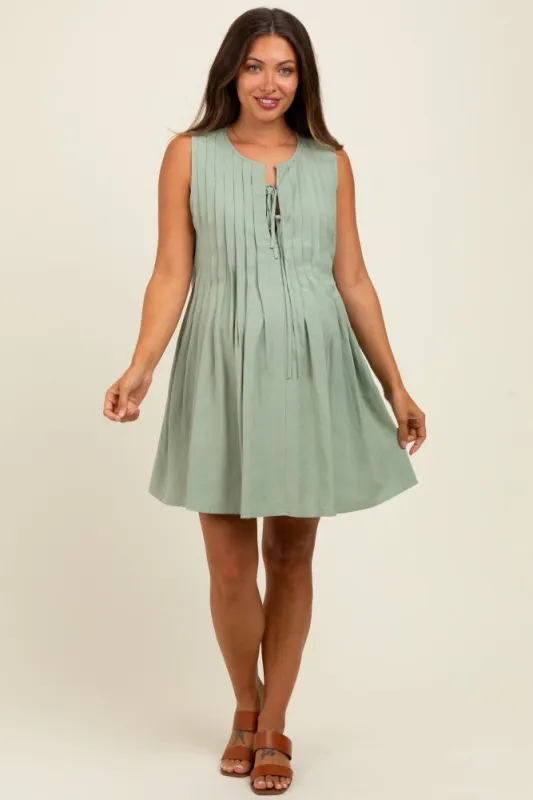 Light Olive Pleated Front Tie Linen Blend Maternity Dress sold by Pinkblush