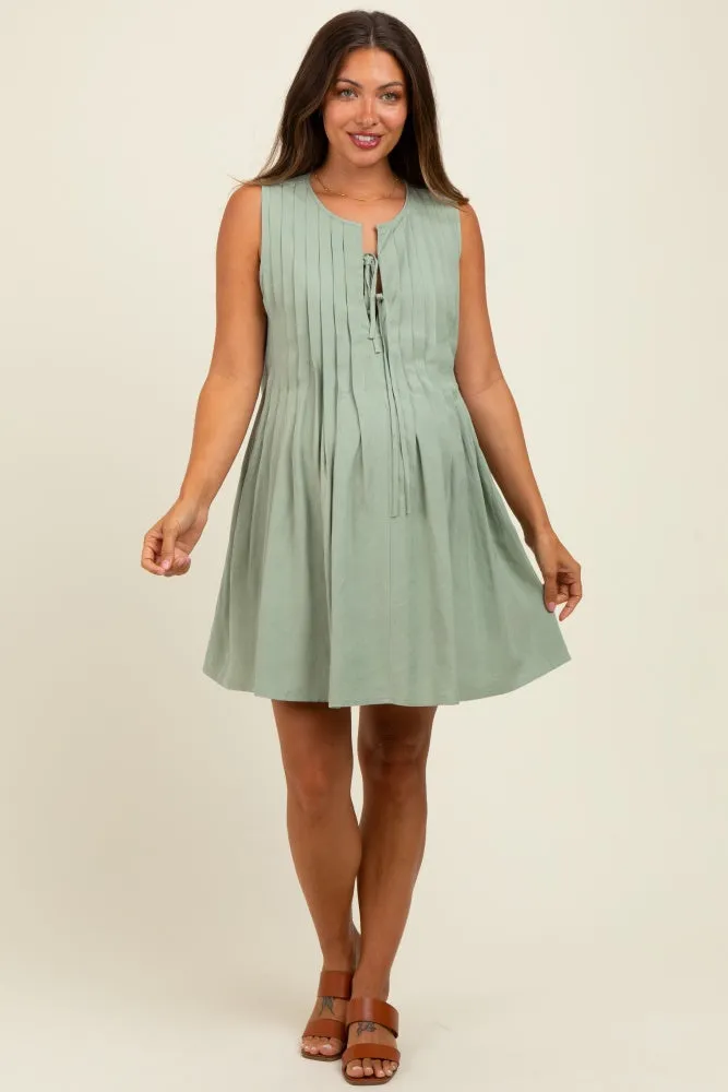 Light Olive Pleated Front Tie Linen Blend Maternity Dress sold by Pinkblush