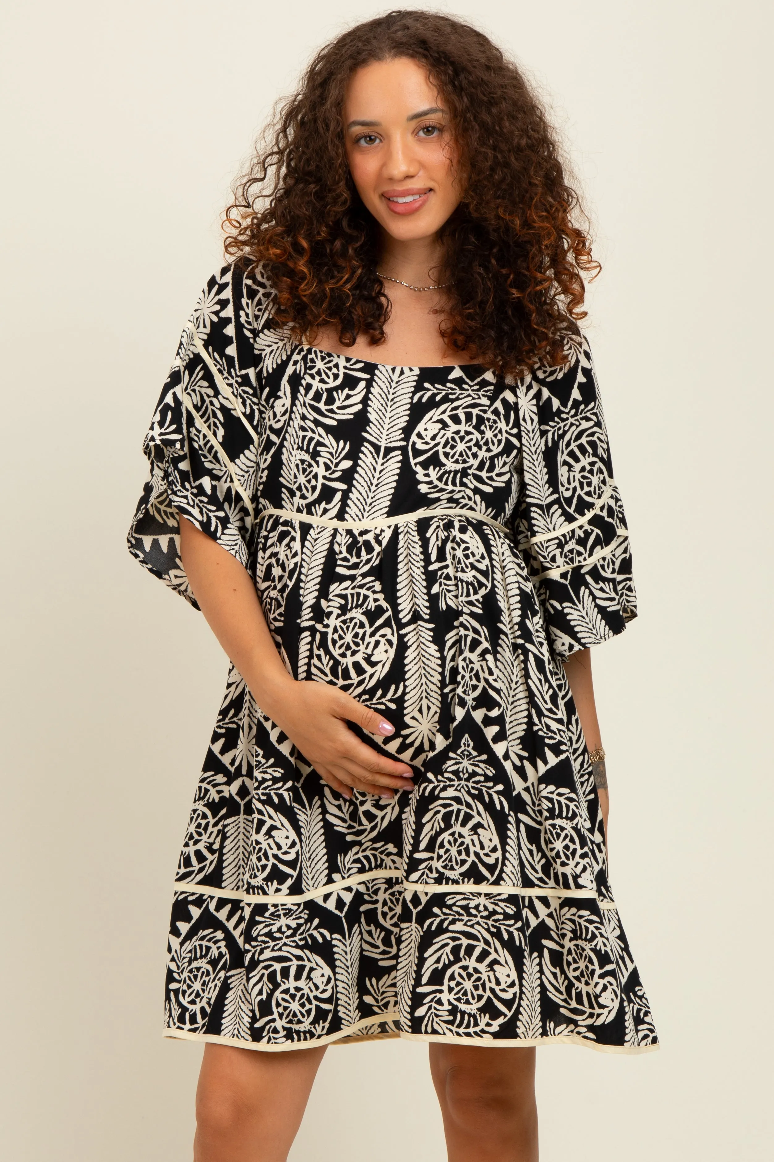 Black Printed Tie Back Contrast Trim Maternity Dress sold by Pinkblush