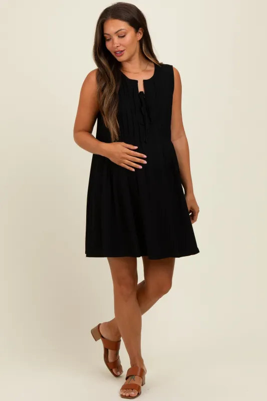 Black Pleated Front Tie Linen Blend Maternity Dress sold by Pinkblush