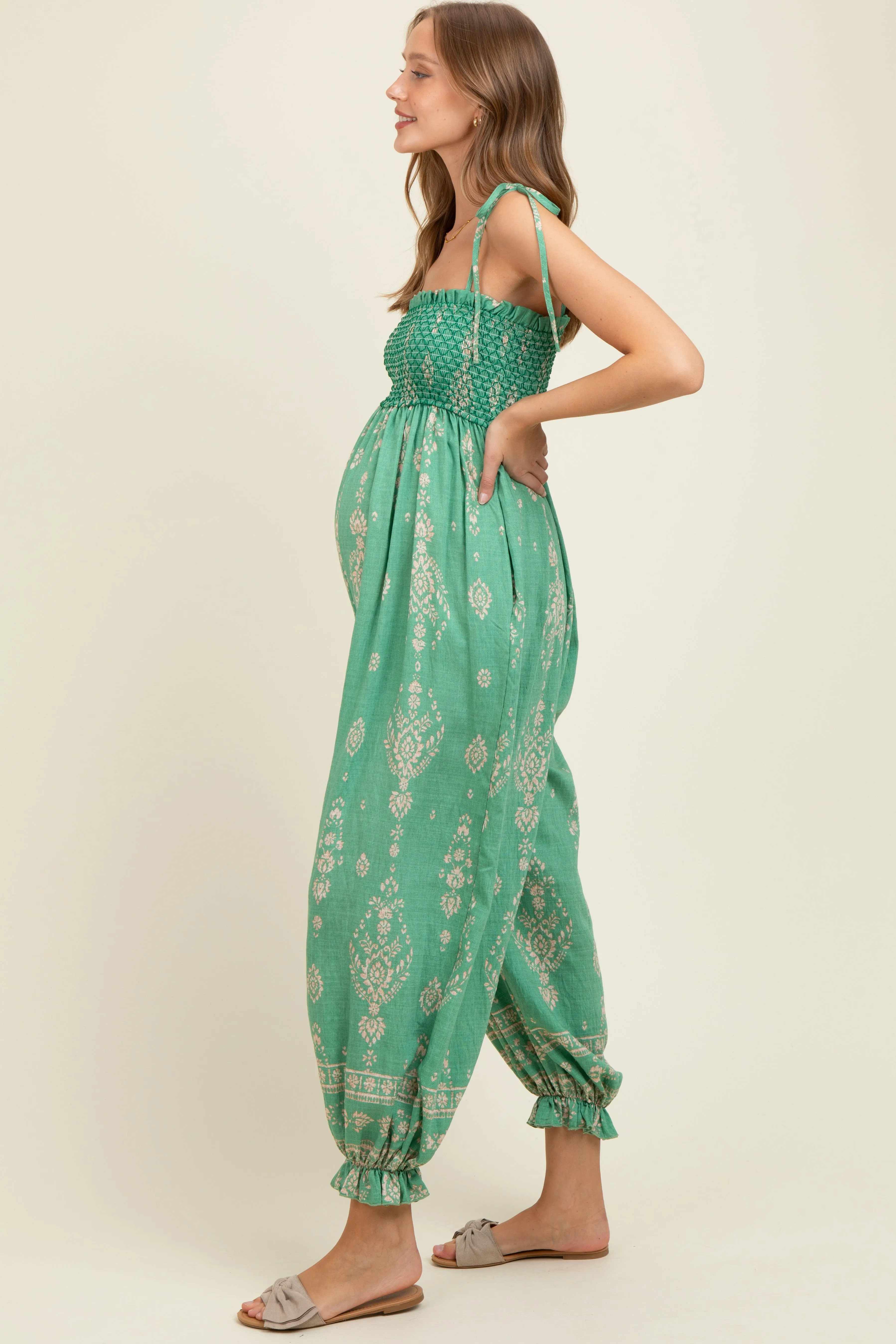 Green Printed Smocked Shoulder Tie Maternity Jumpsuit sold by Pinkblush product image thumbnail 3