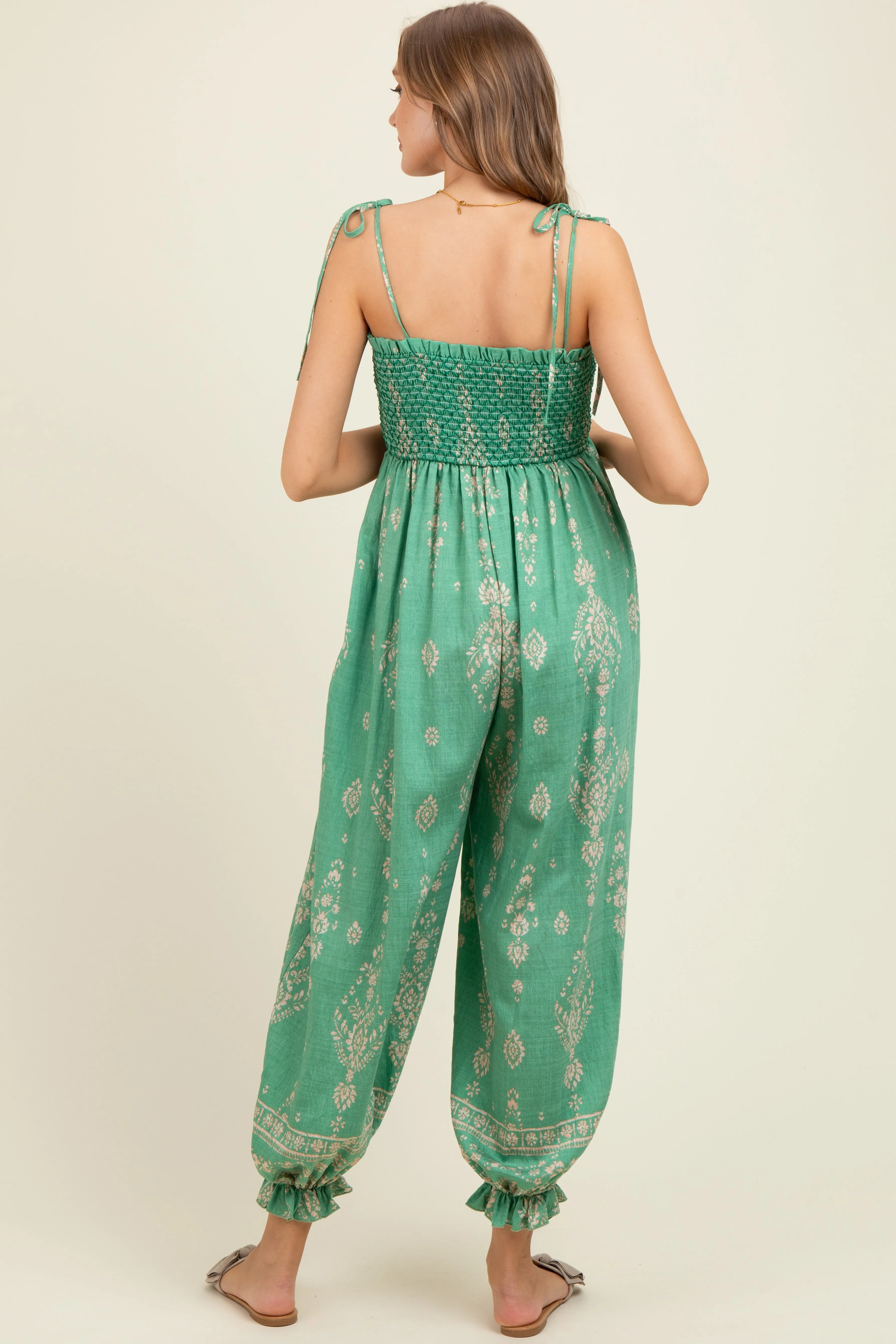 Green Printed Smocked Shoulder Tie Maternity Jumpsuit sold by Pinkblush product image thumbnail 4