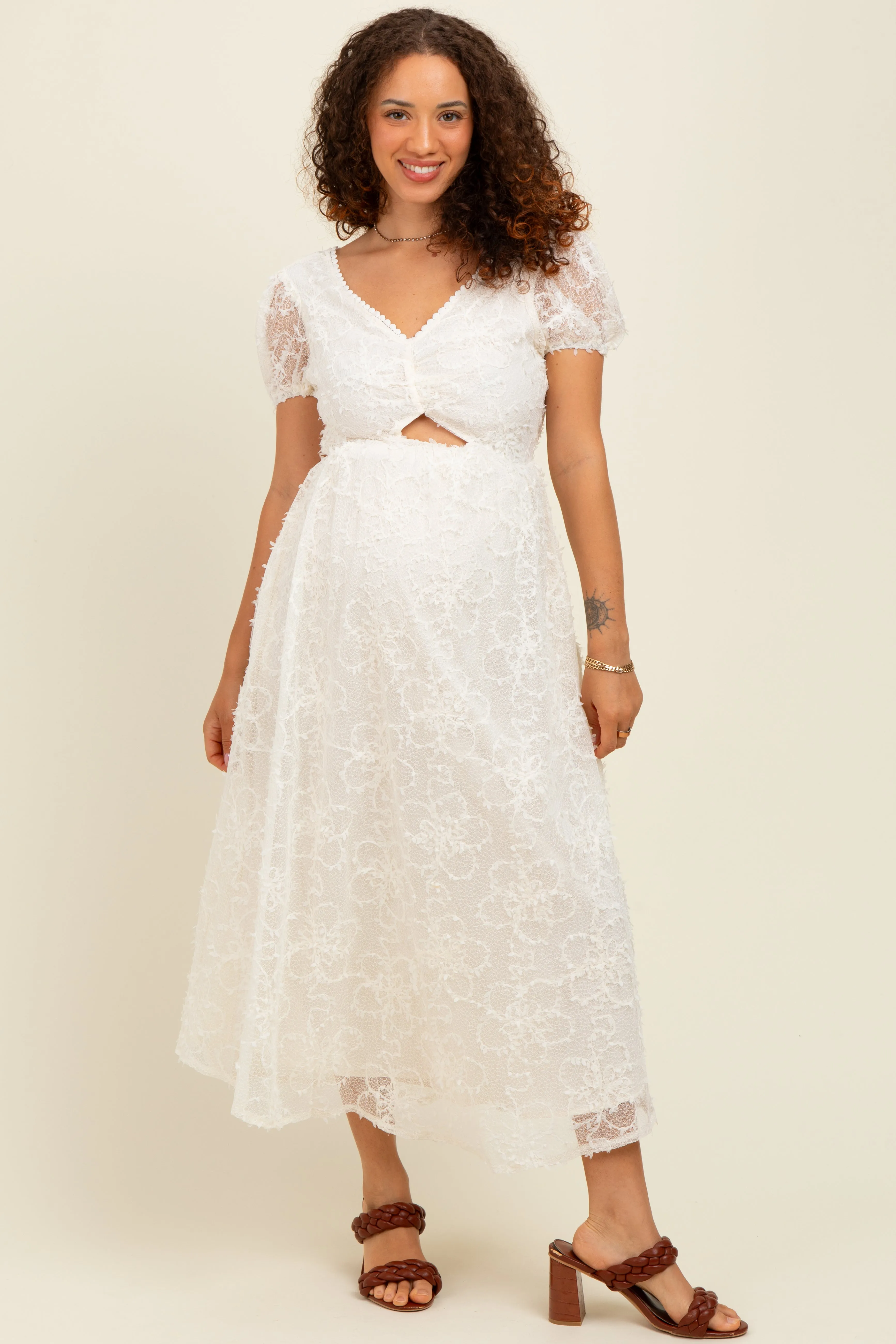 Cream Embroidered Lace Cutout Maternity Midi Dress sold by Pinkblush