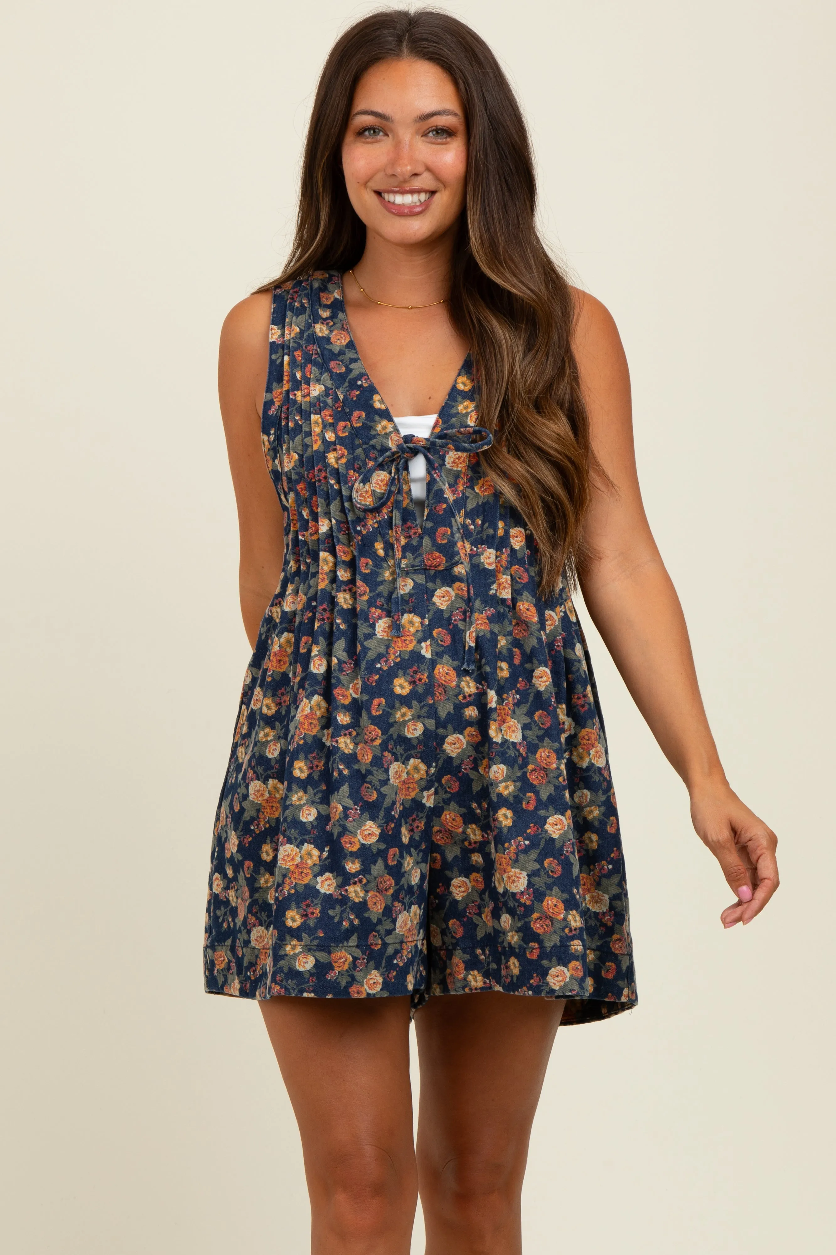 Navy Floral Denim Front Tie Maternity Romper sold by Pinkblush