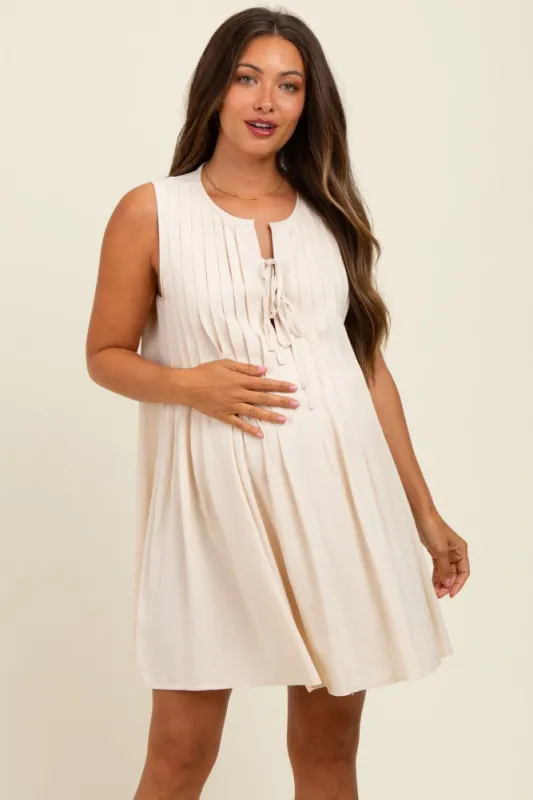 Cream Pleated Front Tie Linen Blend Maternity Dress sold by Pinkblush