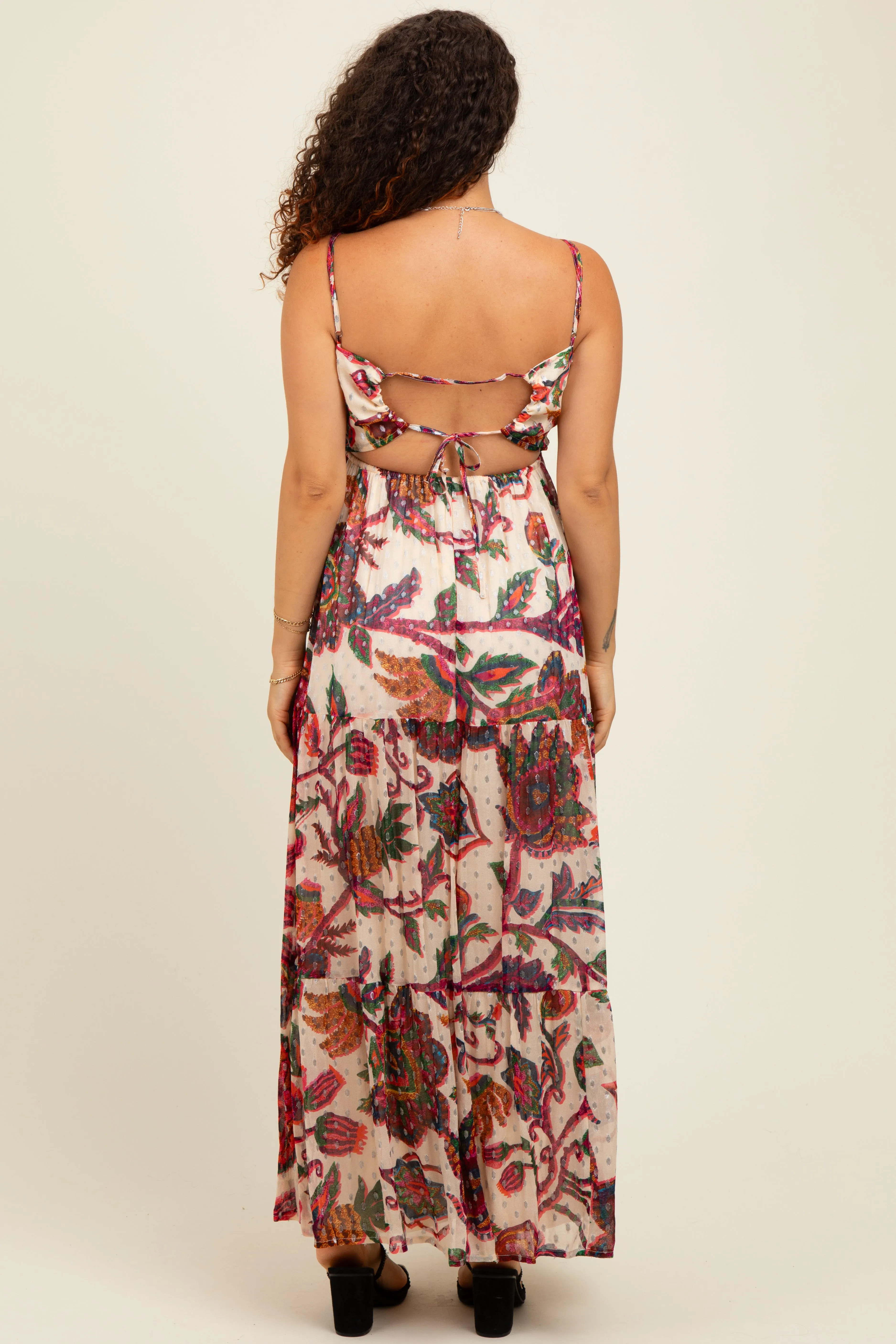 Cream Floral Back Cutout Tie Back Maternity Maxi Dress sold by Pinkblush product image thumbnail 4