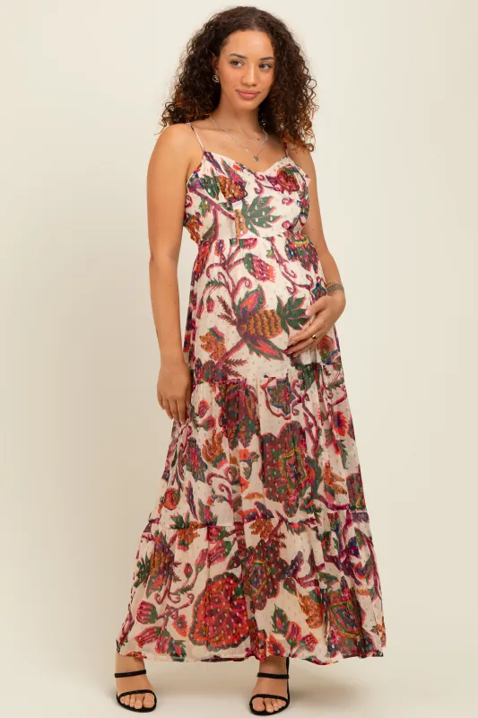 Cream Floral Back Cutout Tie Back Maternity Maxi Dress sold by Pinkblush