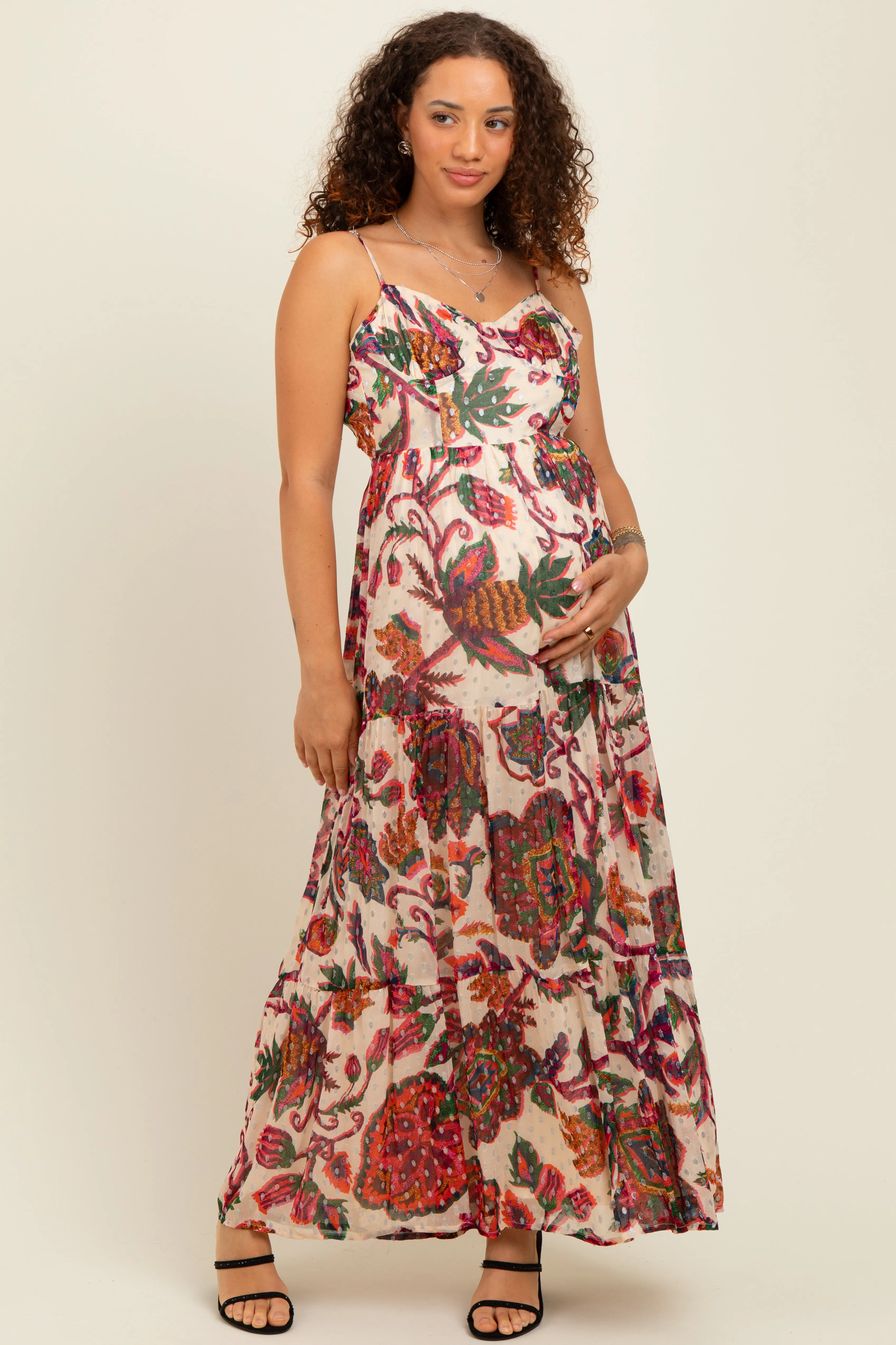 Cream Floral Back Cutout Tie Back Maternity Maxi Dress sold by Pinkblush