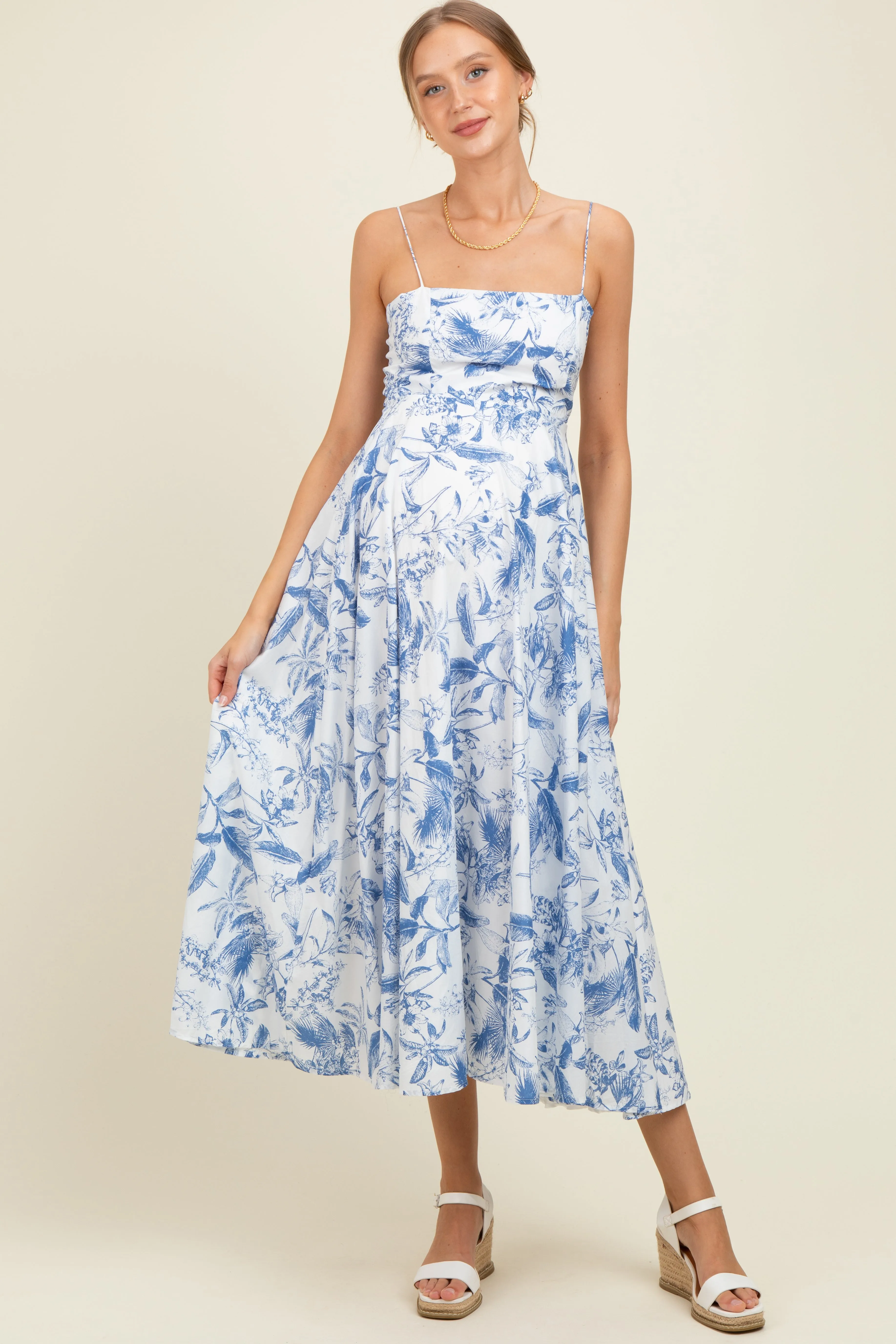 Blue Spaghetti Strap Printed A-Line Maternity Midi Dress sold by Pinkblush