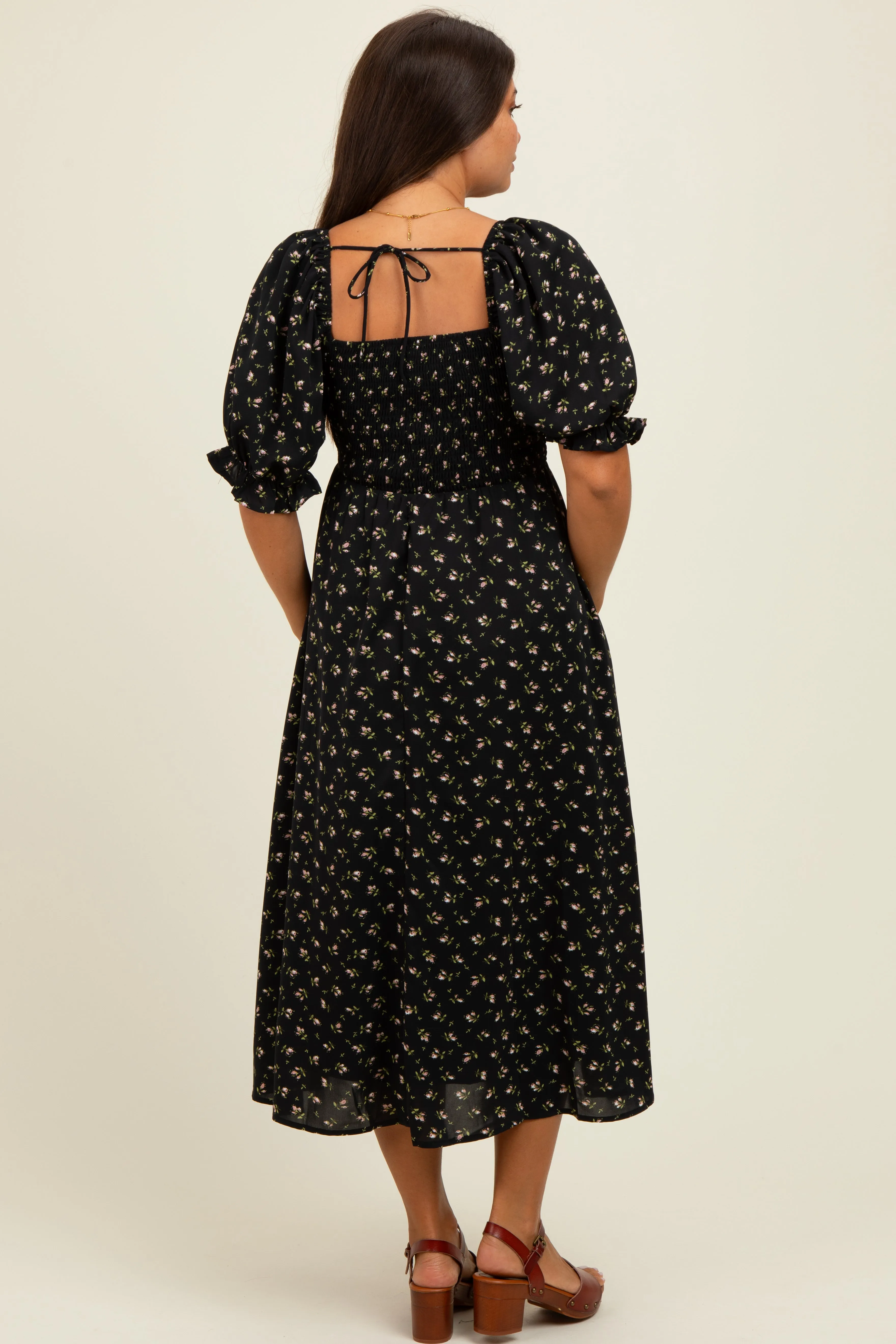 Black Floral Smocked Puff Sleeve Maternity Midi Dress sold by Pinkblush product image thumbnail 3