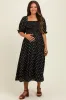 Black Floral Smocked Puff Sleeve Maternity Midi Dress sold by Pinkblush