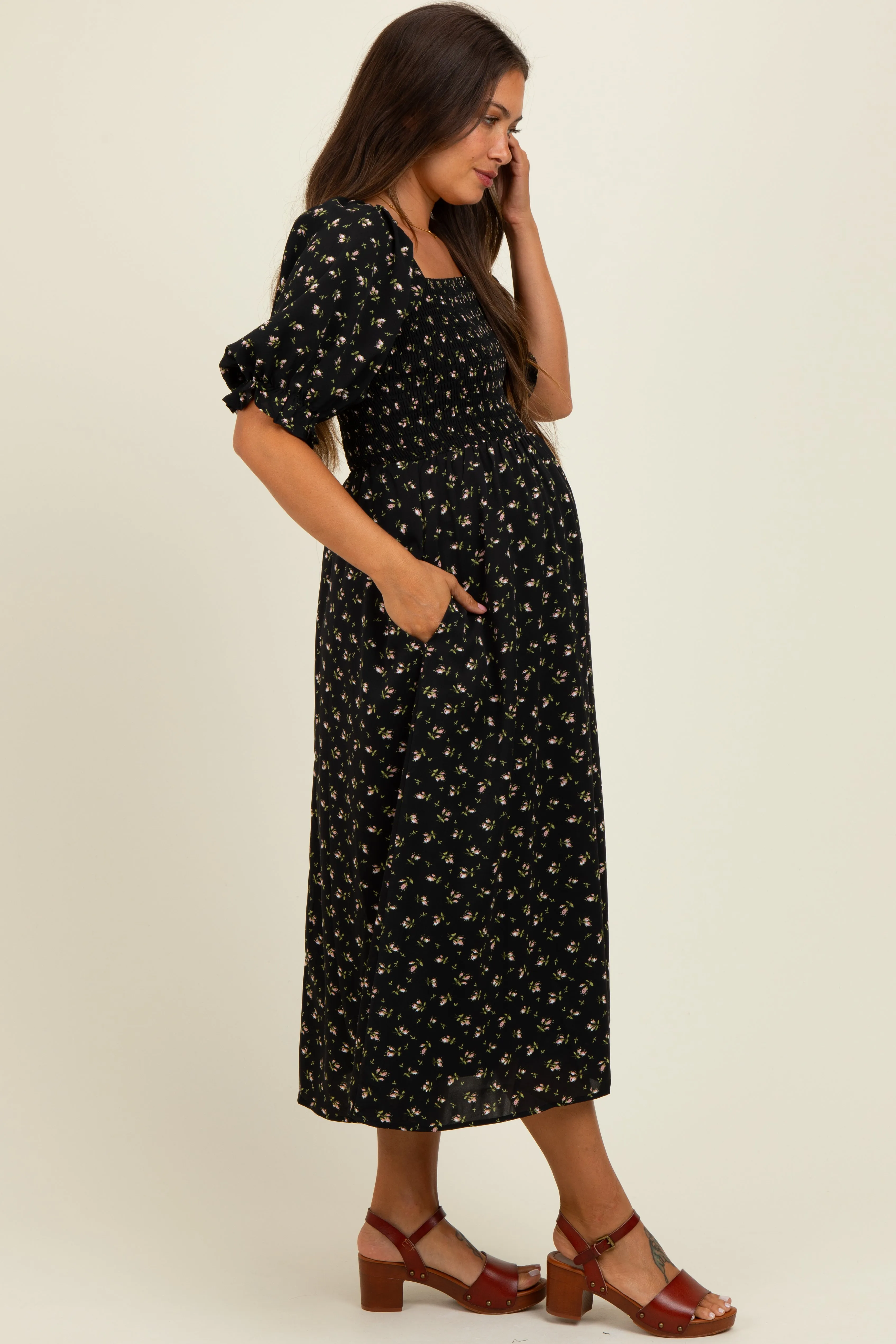 Black Floral Smocked Puff Sleeve Maternity Midi Dress sold by Pinkblush product image thumbnail 2
