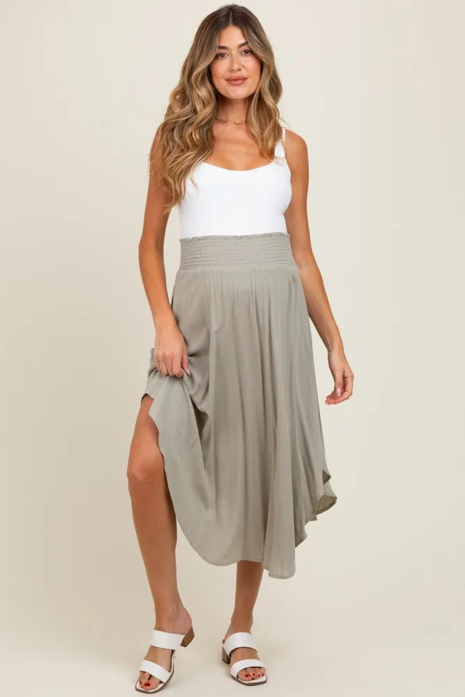 Light Olive Smocked Waist Rounded Hem Maternity Midi Skirt sold by Pinkblush product image thumbnail 2