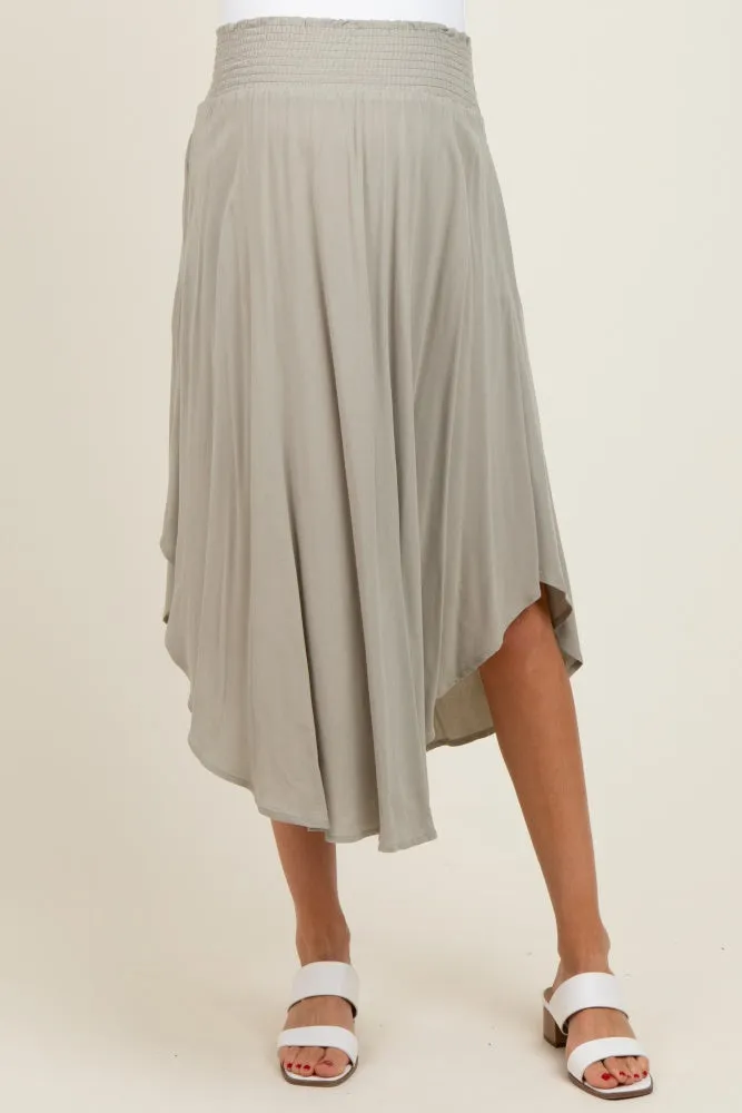 Light Olive Smocked Waist Rounded Hem Maternity Midi Skirt sold by Pinkblush product image thumbnail 3