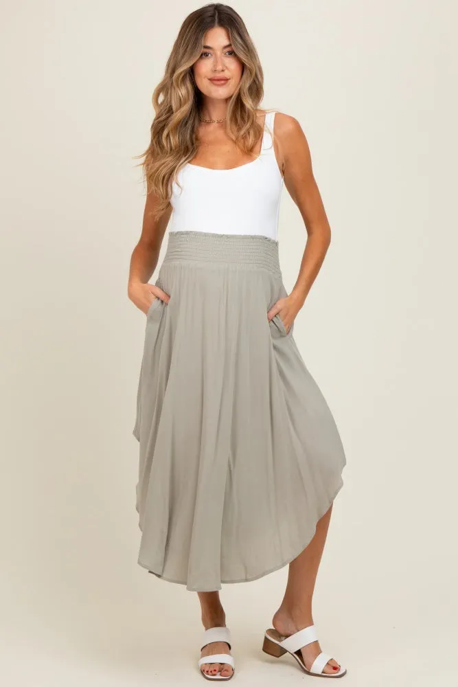 Light Olive Smocked Waist Rounded Hem Maternity Midi Skirt sold by Pinkblush