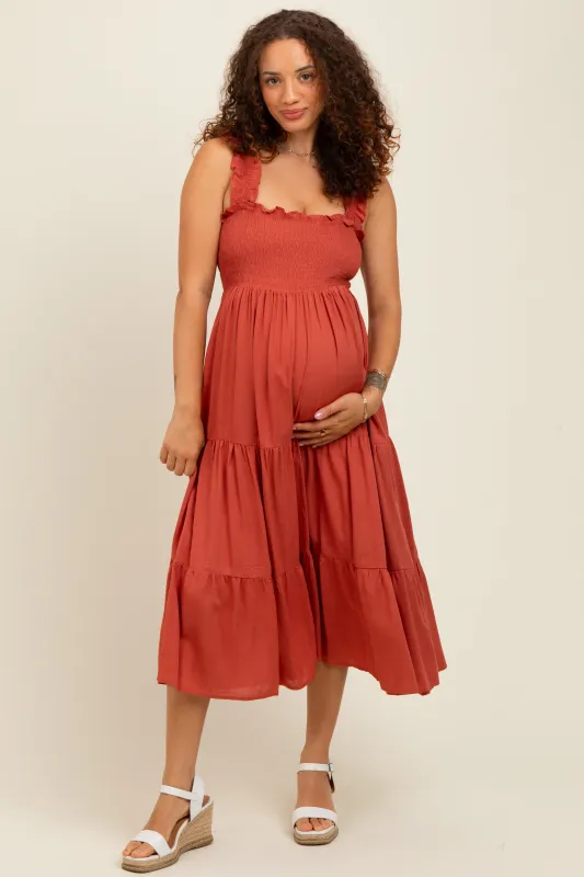 Rust Smocked Ruffle Strap Tiered Maternity Midi Dress sold by Pinkblush