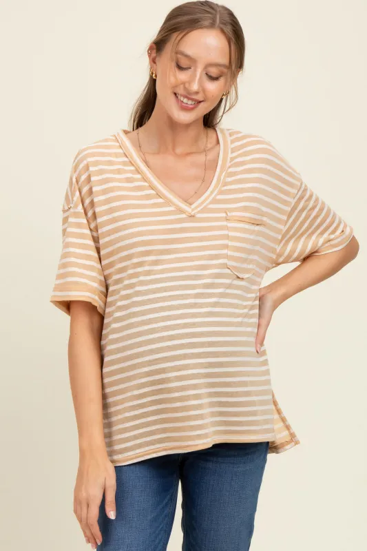 Beige Striped Oversized V-Neck Front Pocket Maternity T-Shirt sold by Pinkblush