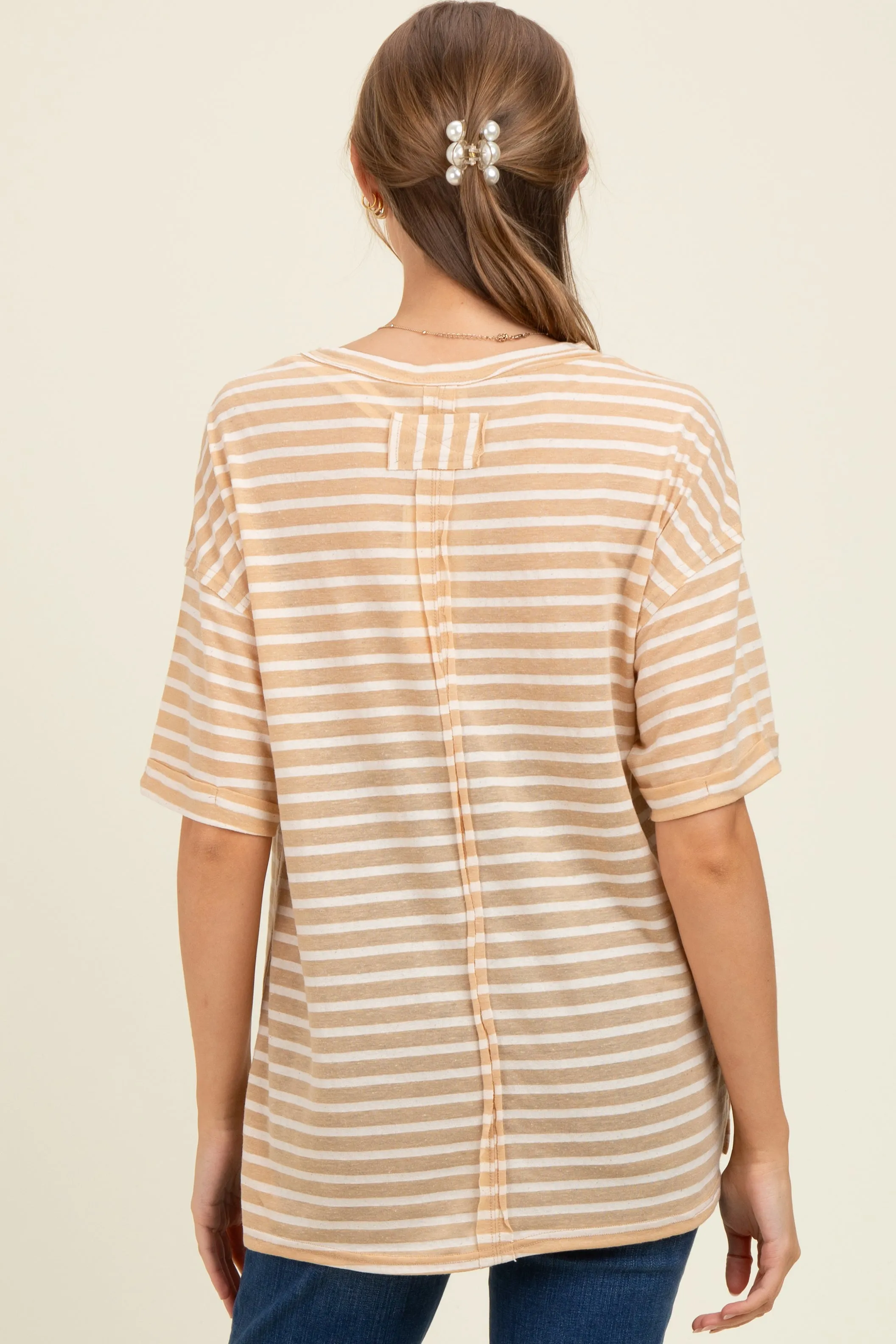Beige Striped Oversized V-Neck Front Pocket Maternity T-Shirt sold by Pinkblush product image thumbnail 2