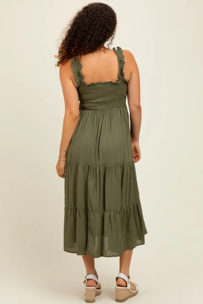Olive Smocked Ruffle Strap Tiered Maternity Midi Dress sold by Pinkblush product image thumbnail 3