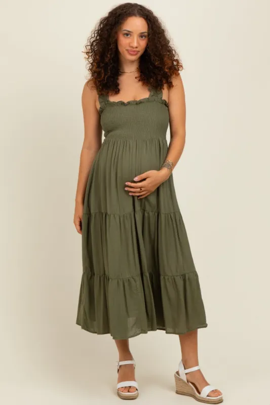 Olive Smocked Ruffle Strap Tiered Maternity Midi Dress sold by Pinkblush