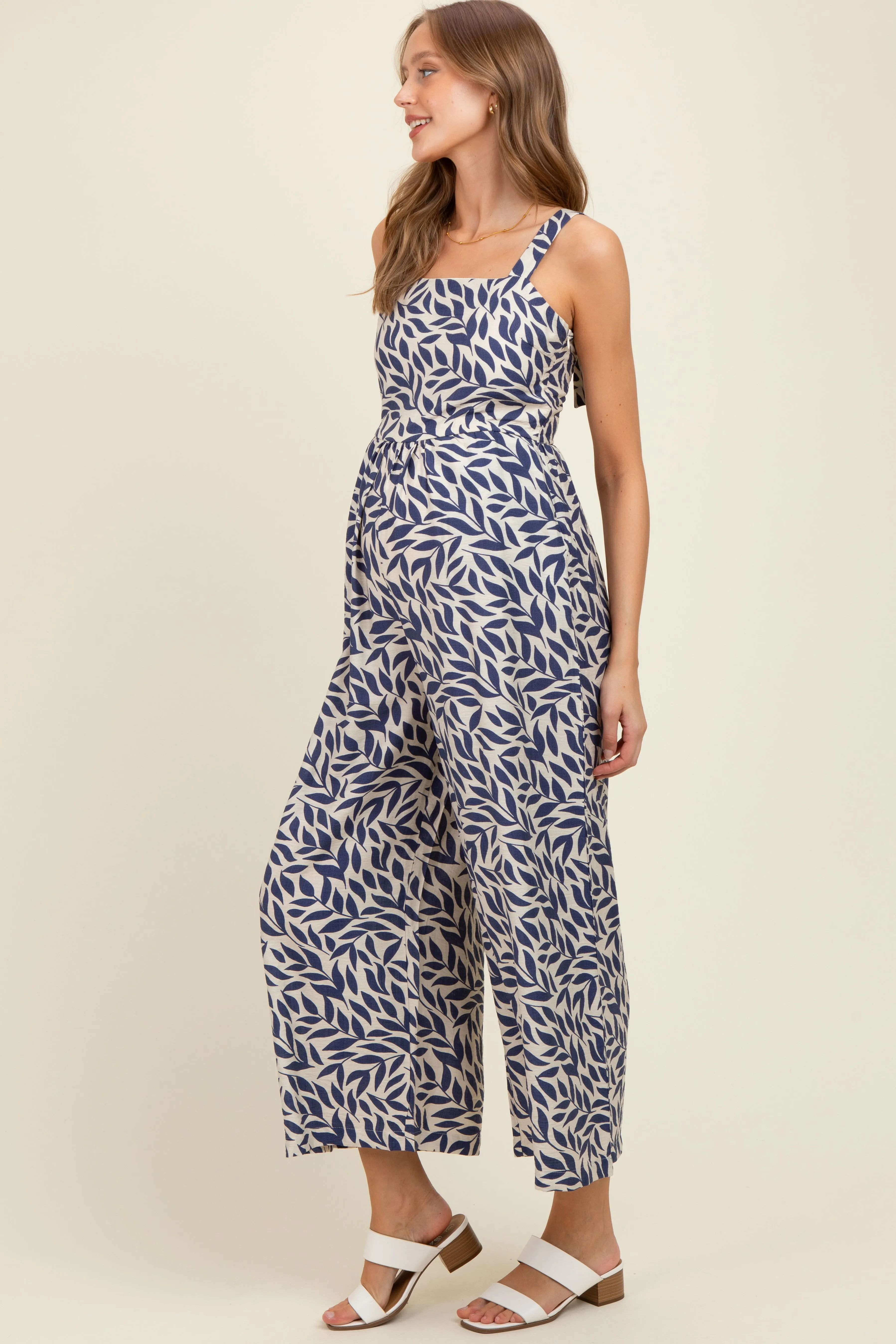 Navy Leaf Print Buckle Strap Wide Leg Maternity Jumpsuit sold by Pinkblush product image thumbnail 3