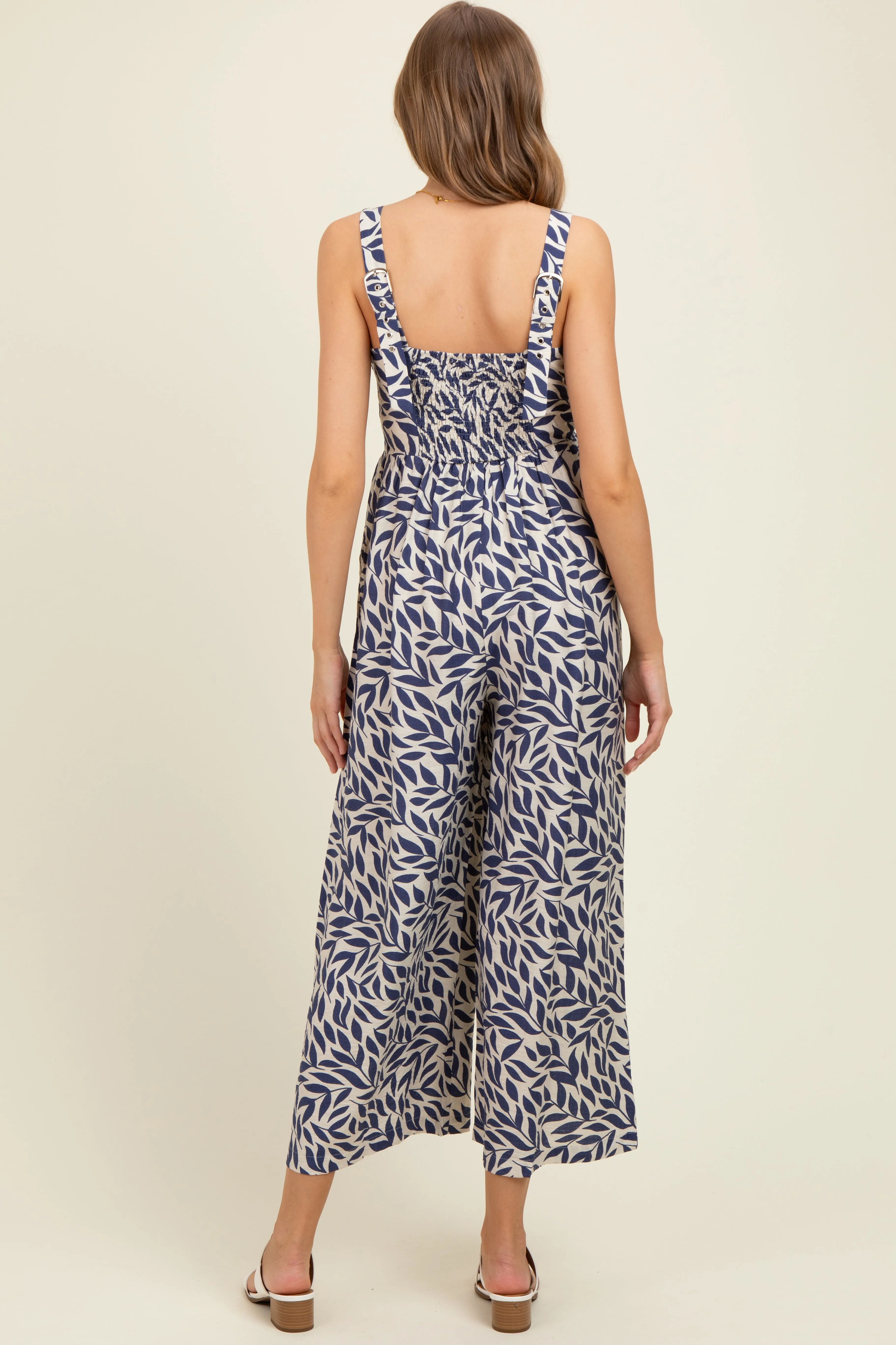 Navy Leaf Print Buckle Strap Wide Leg Maternity Jumpsuit sold by Pinkblush product image thumbnail 4