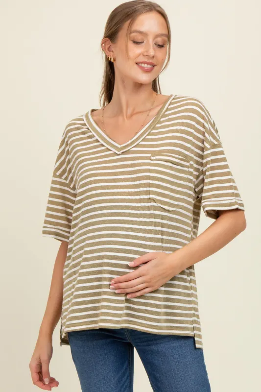 Olive Striped Oversized V-Neck Front Pocket Maternity T-Shirt sold by Pinkblush