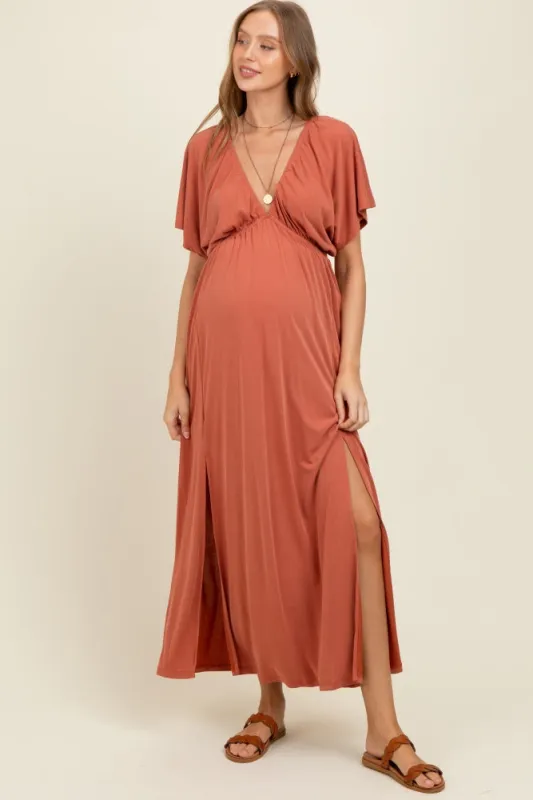 Rust V-Neck Flutter Sleeve Side Slit Maternity Maxi Dress sold by Pinkblush
