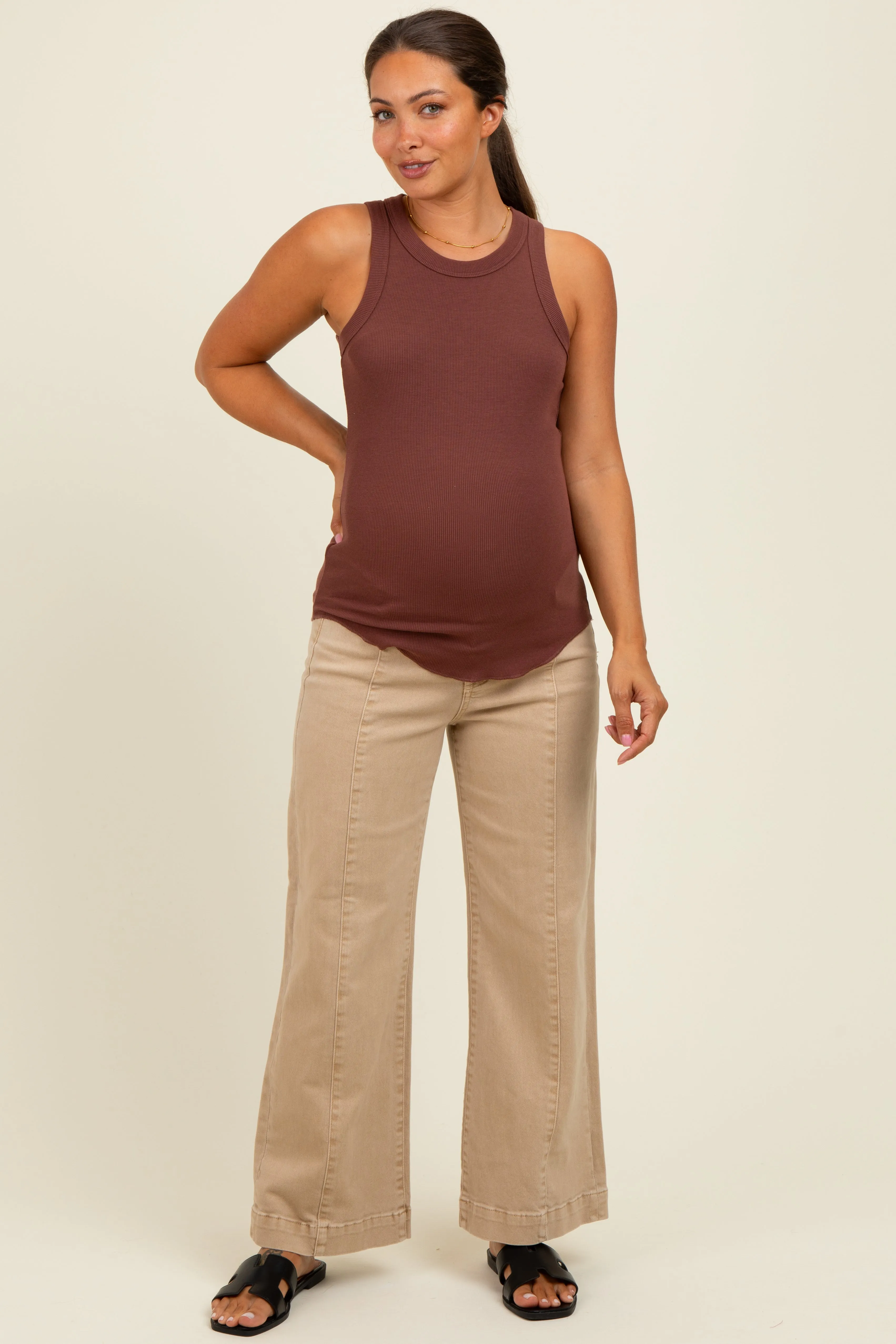Camel Front Seam Wide Leg Maternity Jeans sold by Pinkblush