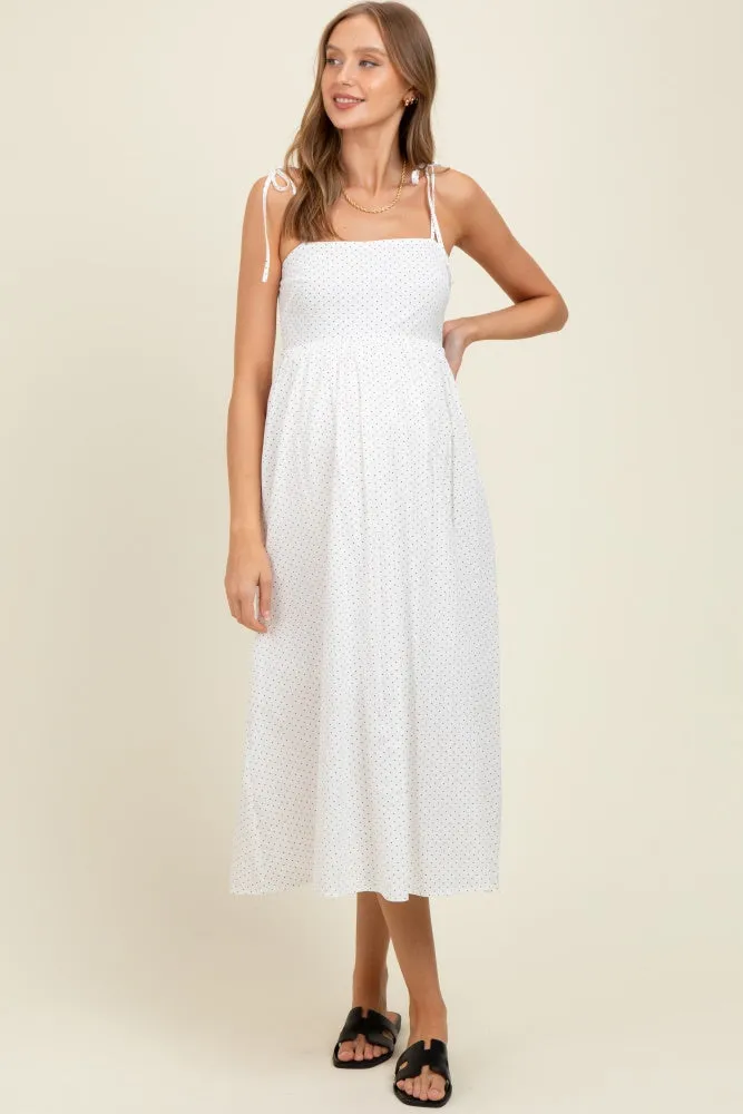 Ivory Polka Dot Shoulder Tie Maternity Midi Dress sold by Pinkblush