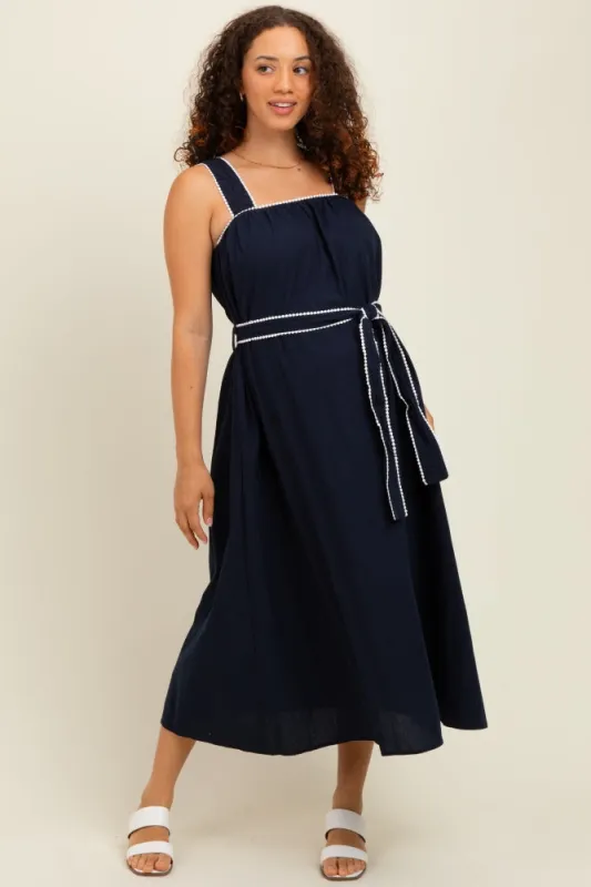 Navy Waist Strap Maternity Midi Dress sold by Pinkblush